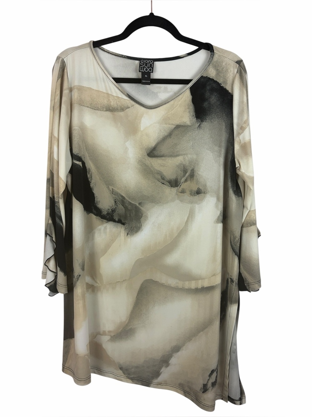 Clara Sun Woo Abstract Watercolor Tunic Top XL Beige Black Layered USA Made